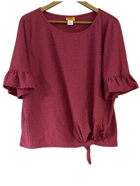 Ruby Rd Berry Textured Blouse Tie Hem Ruffle Sleeve Top Casual Chic